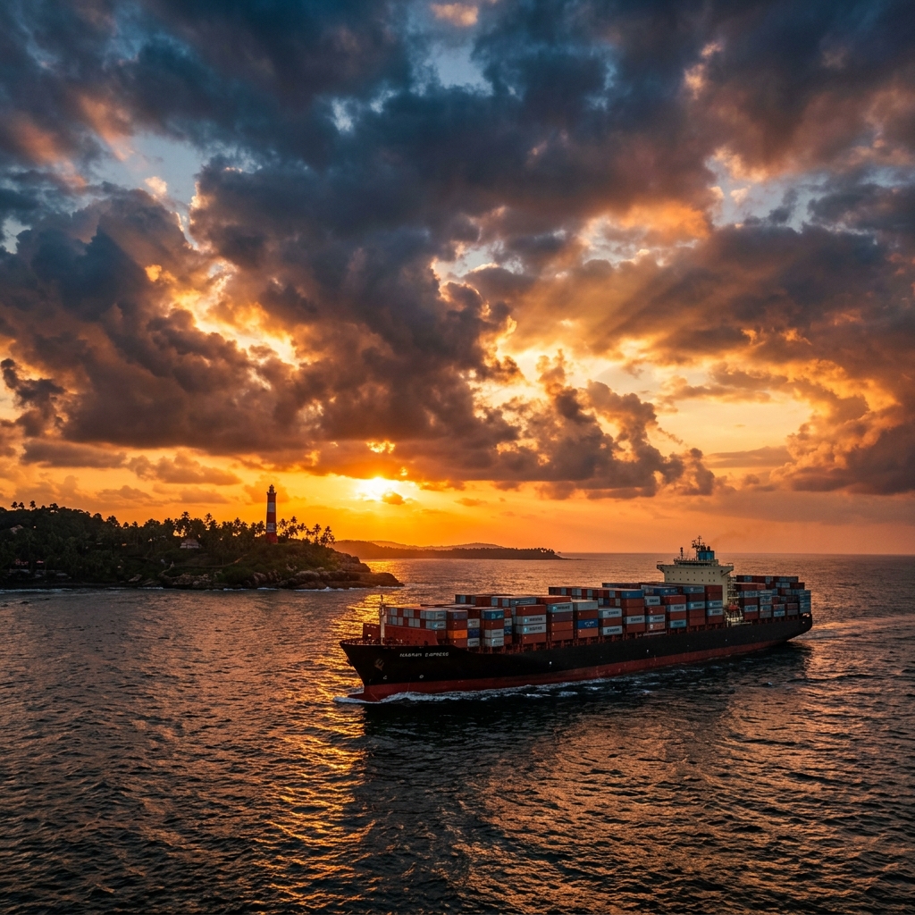Kerala seafarers aboard a merchant vessel at sunset